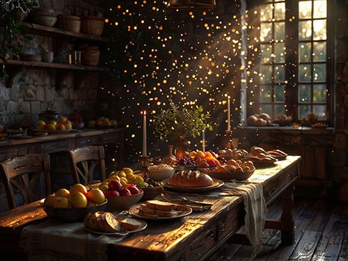 Много еды на столе