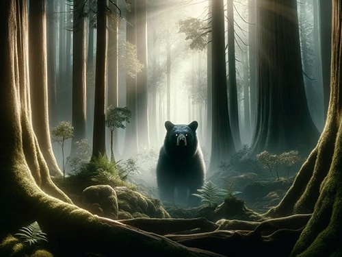 Большой черный медведь на рассвете в лесу