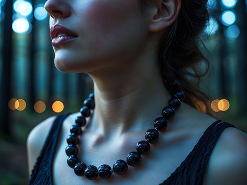 Бусы из оникса на шее