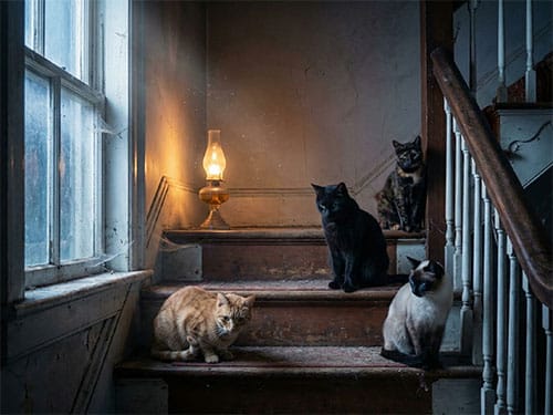 Несколько кошек на лестнице