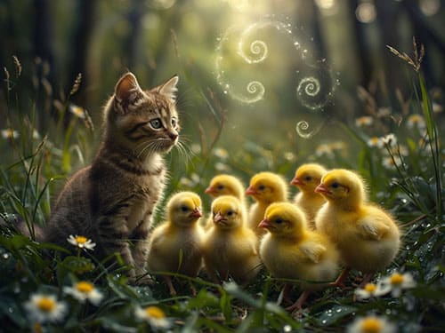 Котенок с цыплятами