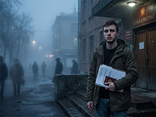 Парень у военкомата